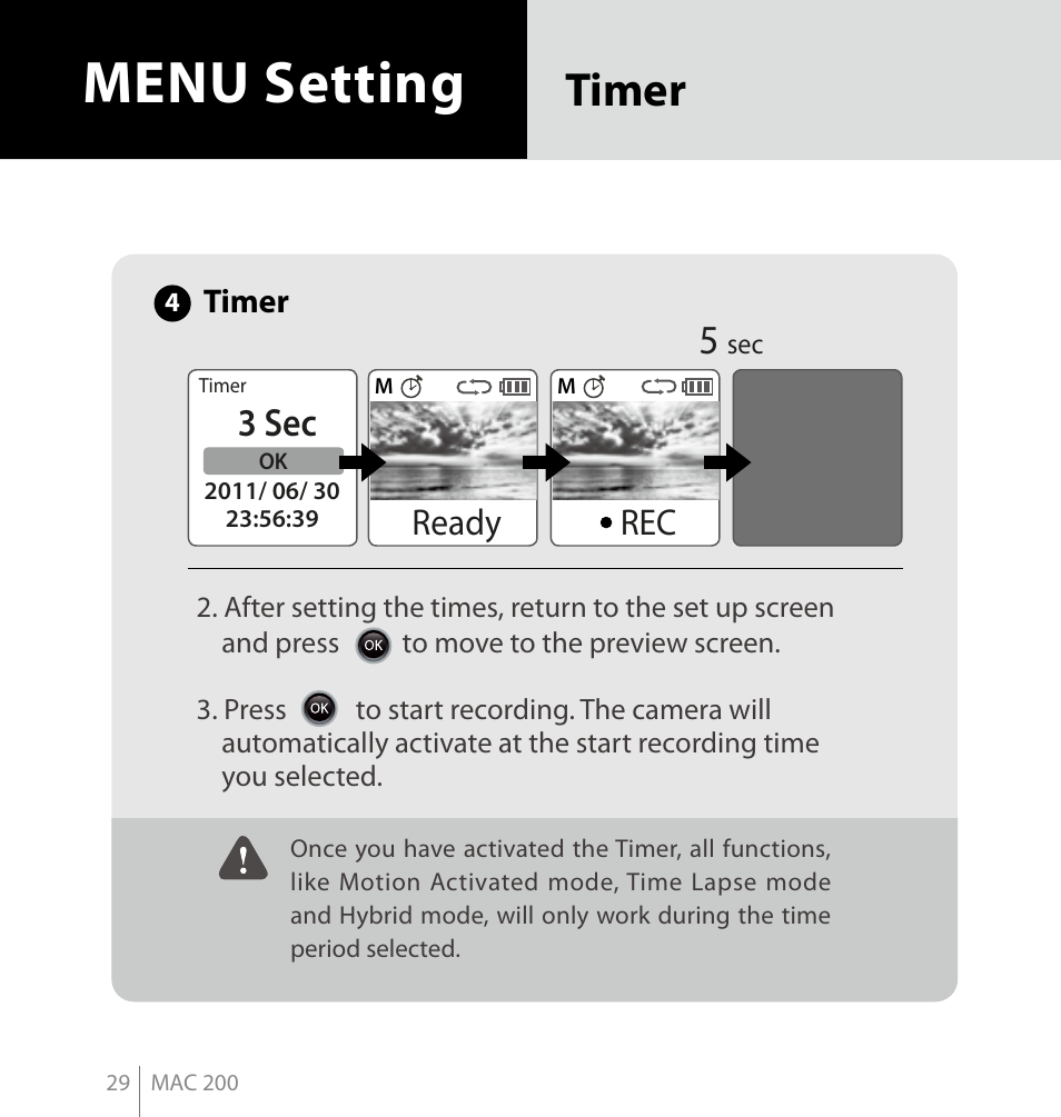 Menu setting, Timer, 3 sec | Ready | Brinno MAC200 User Manual | Page 36 / 52
