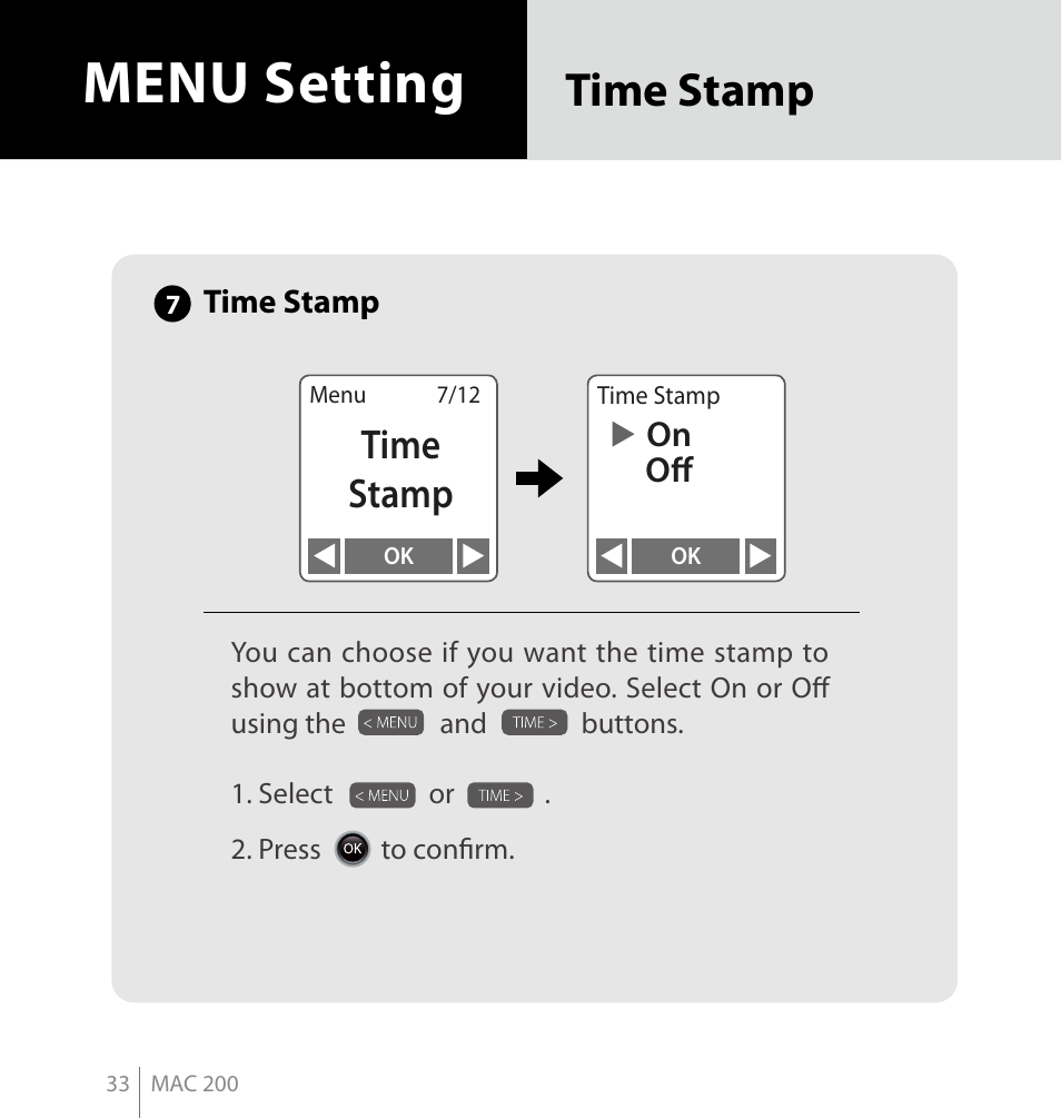 Menu setting, Time stamp | Brinno MAC200 User Manual | Page 40 / 52