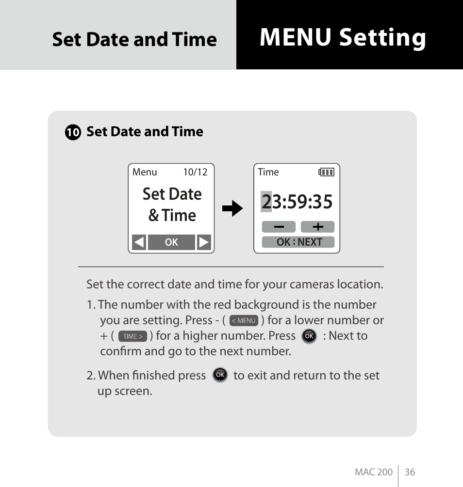 Menu setting, Set date and time, Set date & time | Brinno MAC200 User Manual | Page 43 / 52