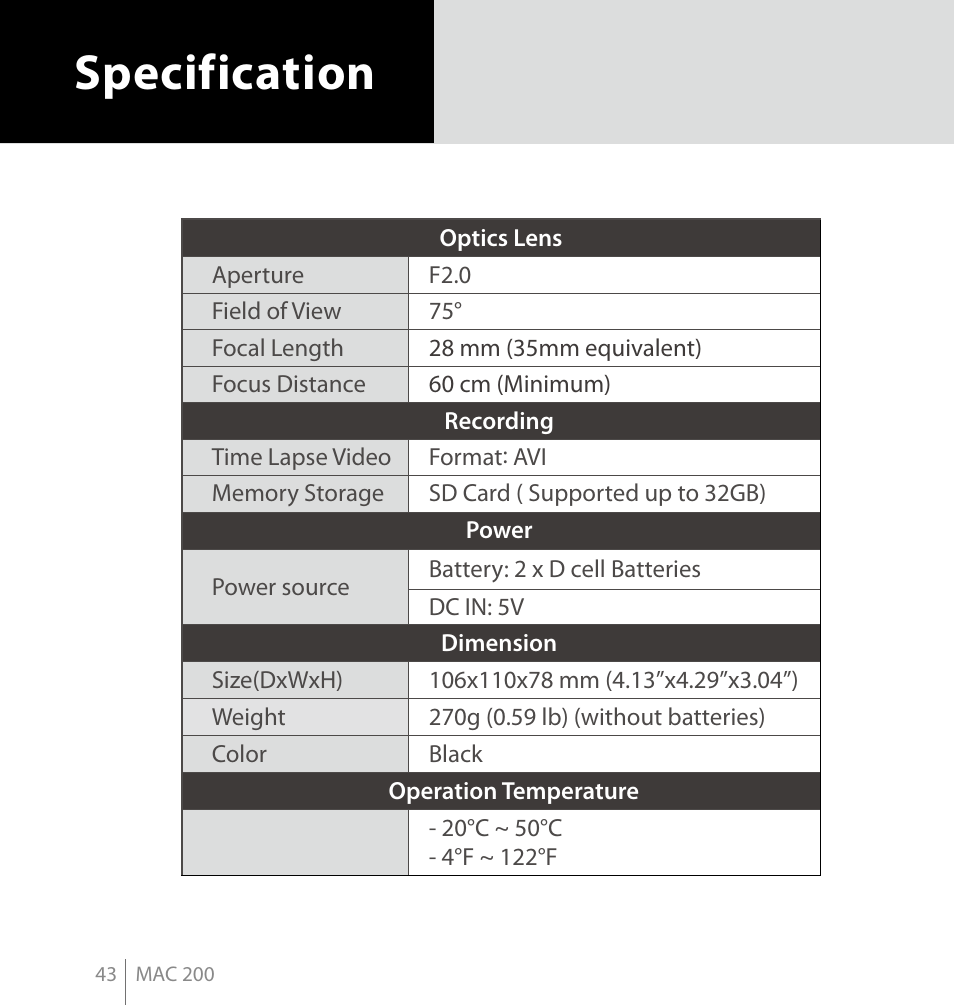 Specification | Brinno MAC200 User Manual | Page 50 / 52