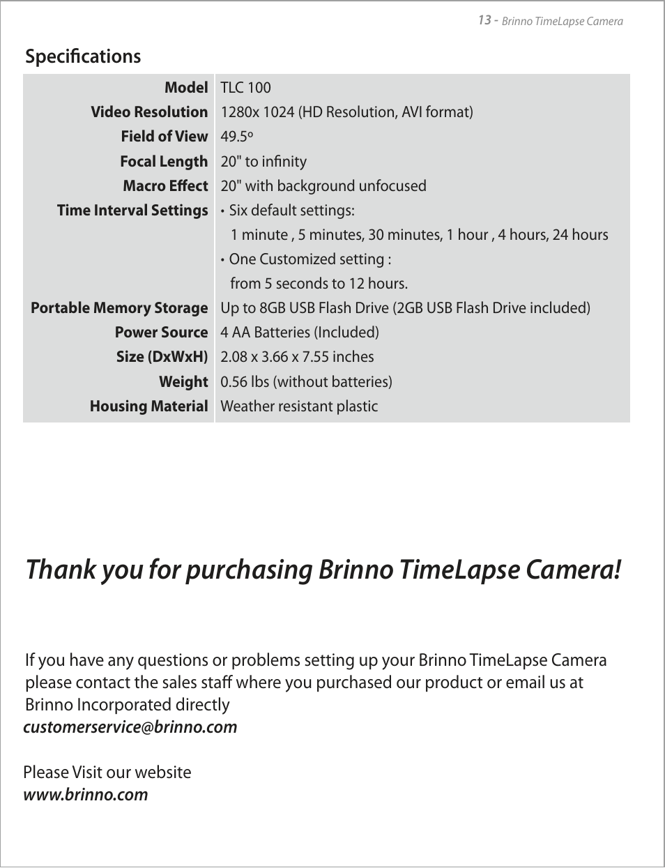 Specifications | Brinno TLC100 User Manual | Page 15 / 16