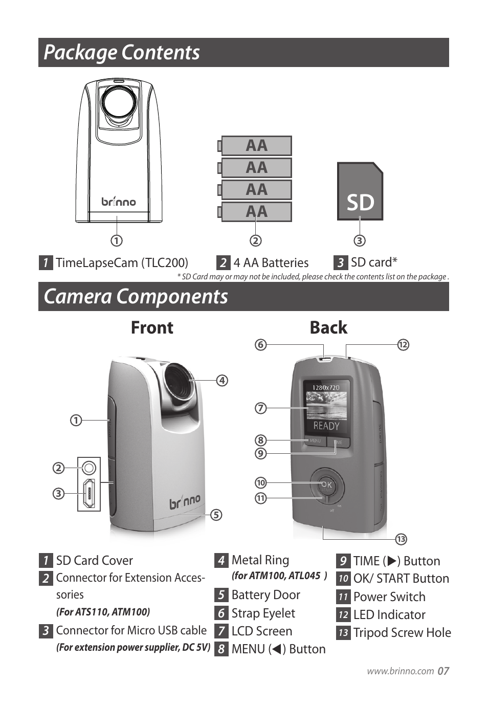 Camera components, Package contents, Front back | Brinno TLC200 User Manual | Page 7 / 24
