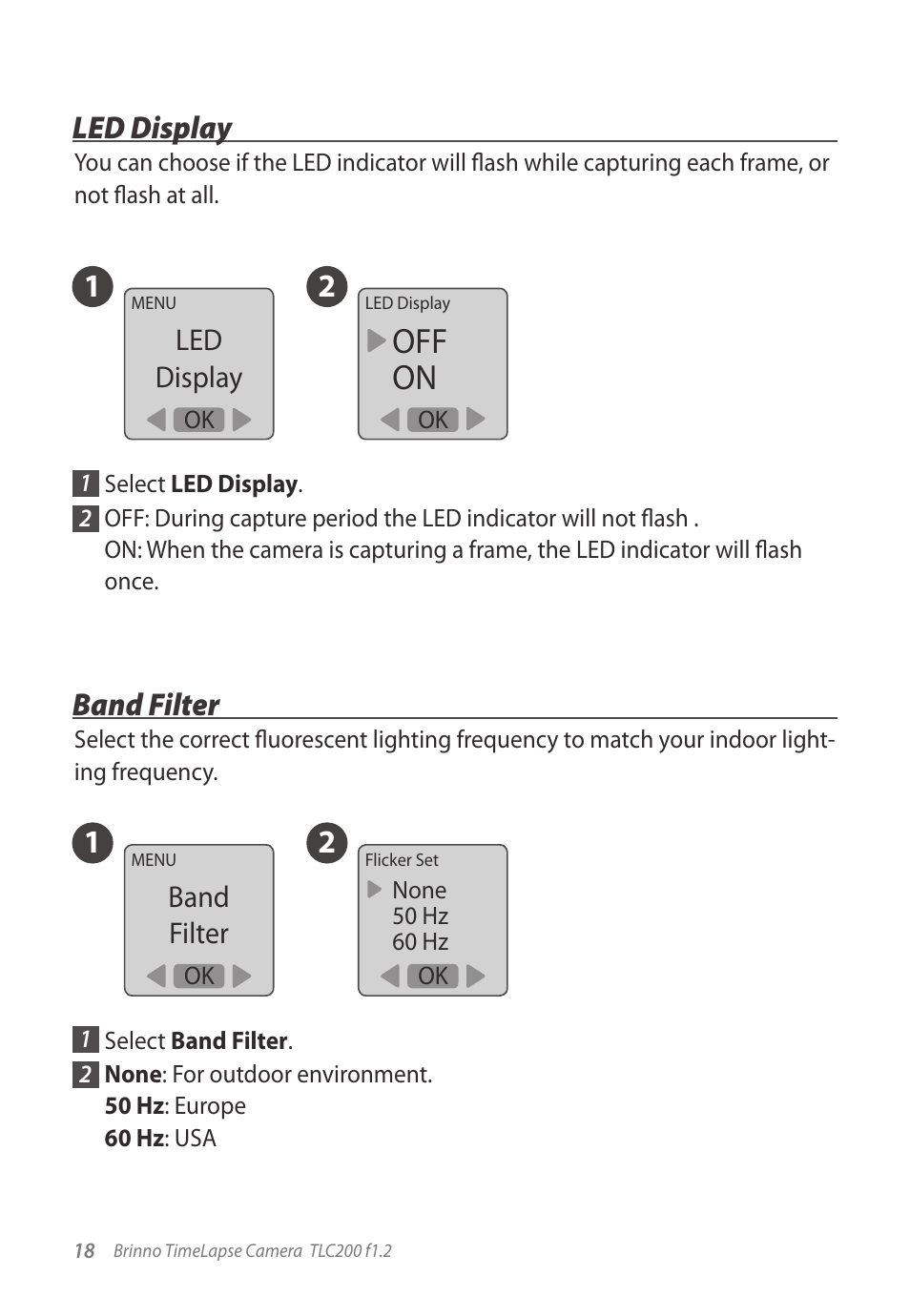 Off on, 12 led display, 12 band filter | Brinno TLC200 f1.2 User Manual | Page 18 / 24