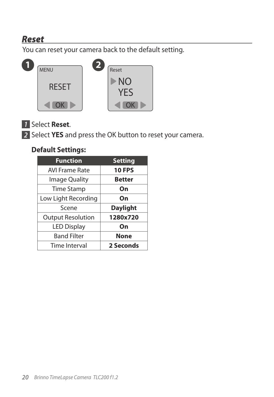 No yes, 12 reset, Reset | Brinno TLC200 f1.2 User Manual | Page 20 / 24