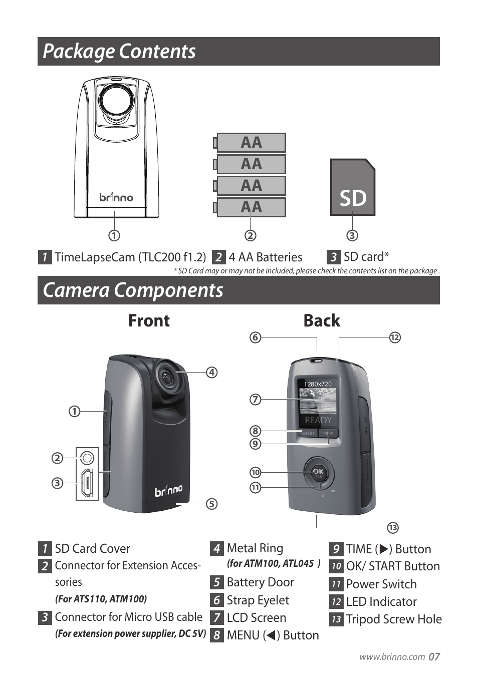 Camera components, Package contents, Front back | Brinno TLC200 f1.2 User Manual | Page 7 / 24