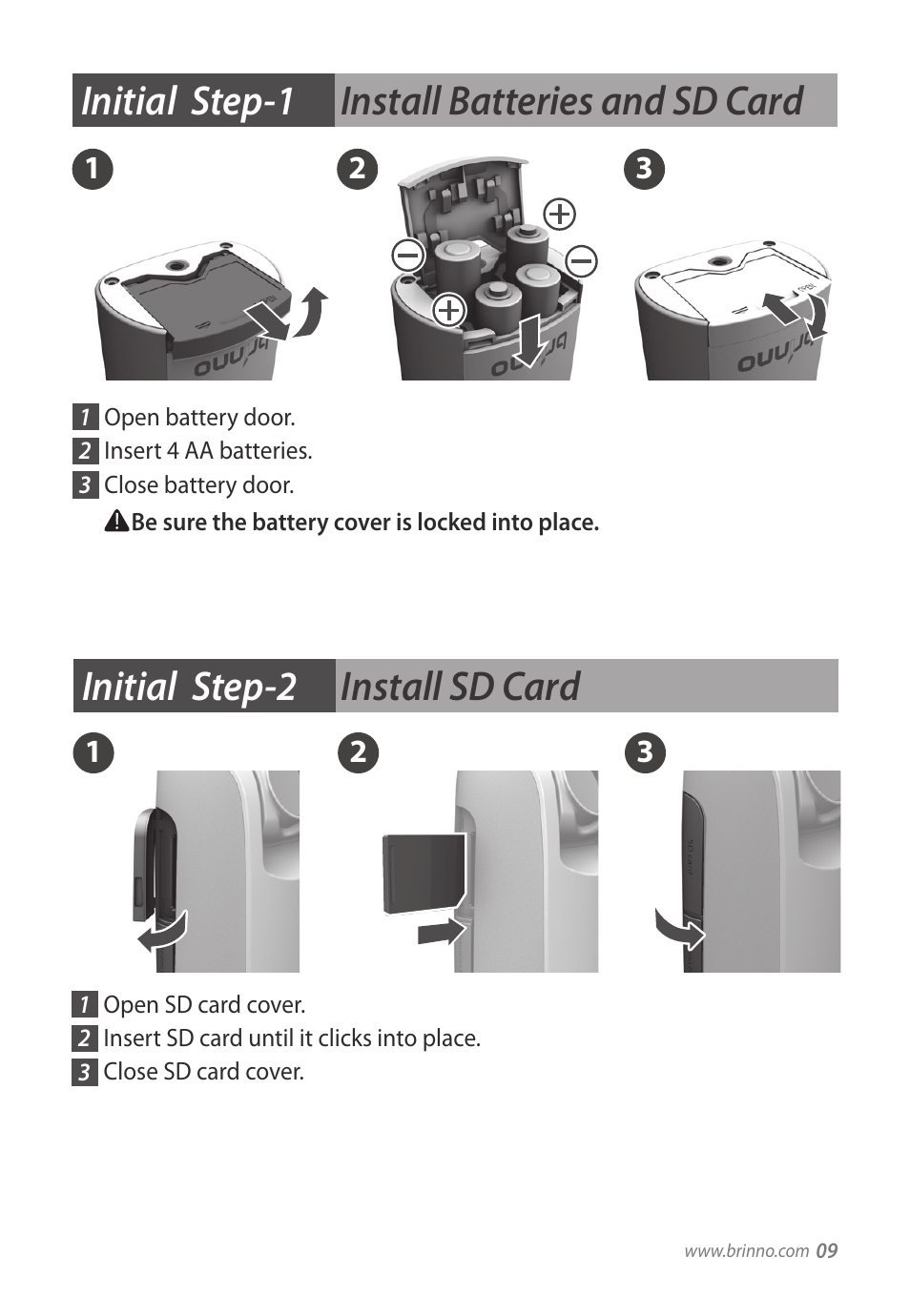 Initial step-1 install batteries and sd card, Initial step-2 install sd card | Brinno TLC200 f1.2 User Manual | Page 9 / 24