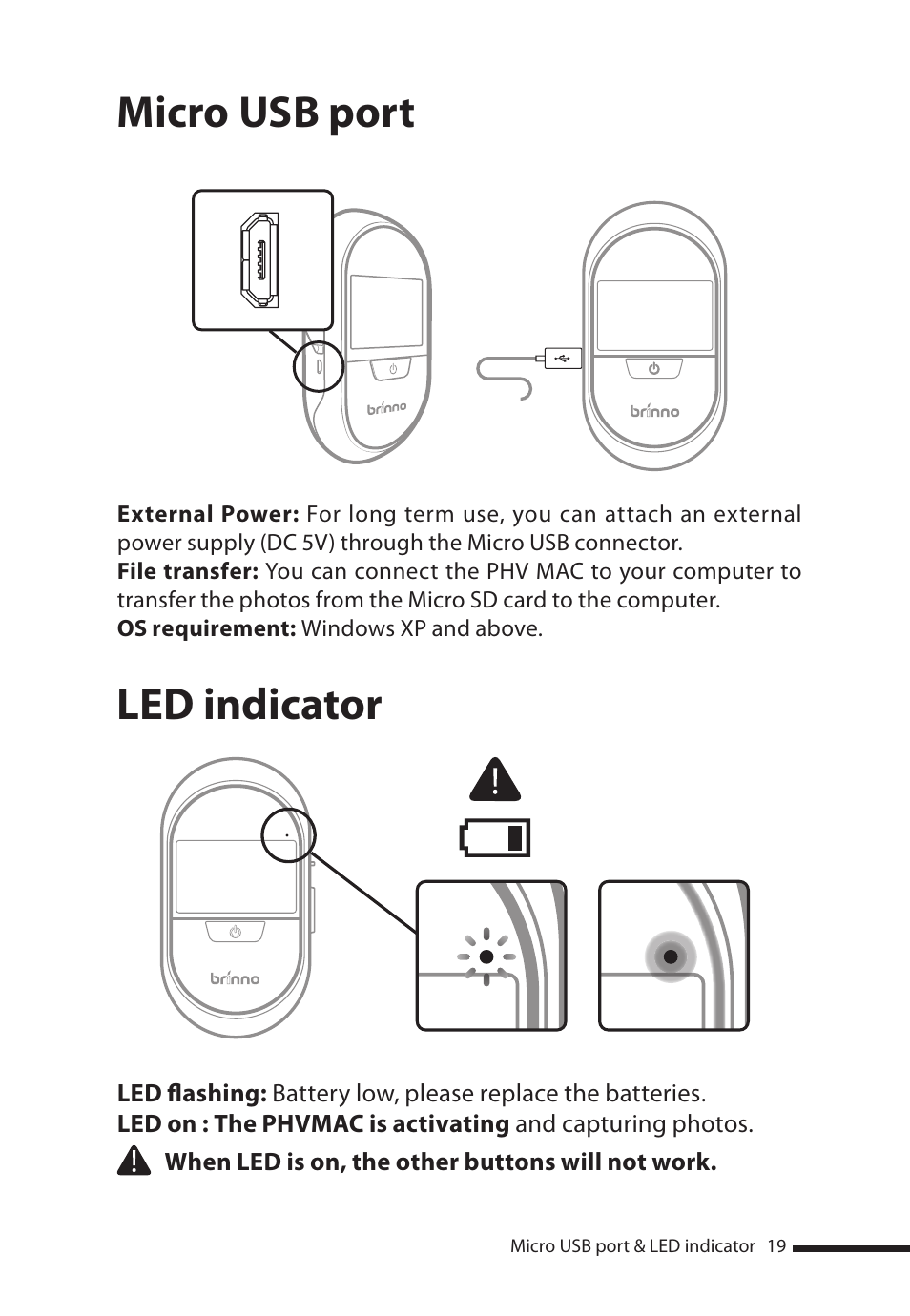 Micro usb port led indicator | Brinno PHV MAC User Manual | Page 19 / 32