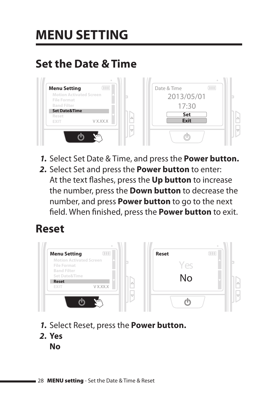 Menu setting, Reset set the date & time, Yes no | Brinno PHV MAC User Manual | Page 28 / 32