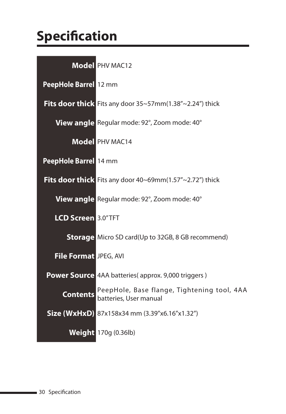 Specification | Brinno PHV MAC User Manual | Page 30 / 32