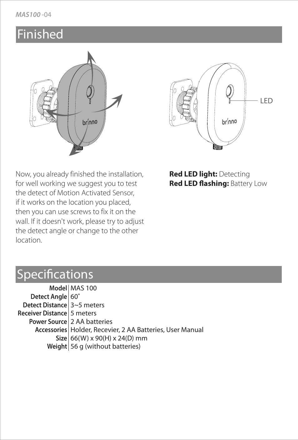 Finished specifications | Brinno MAS100 User Manual | Page 6 / 8