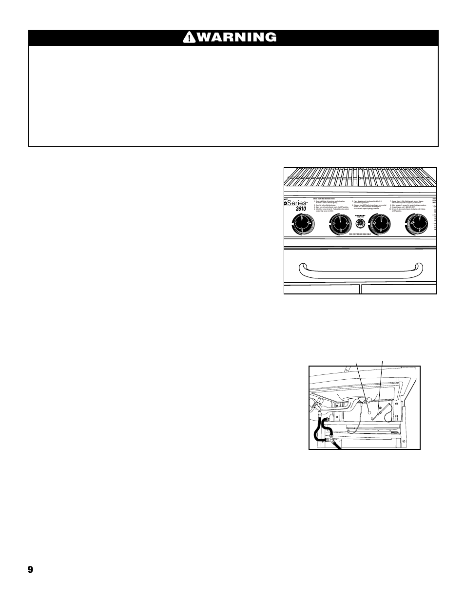 Warning, Lighting instructions, Lighting the main burners | Match lighting the main burners, Lighting hole matchlighter | Brinkmann 2610 Series User Manual | Page 10 / 32