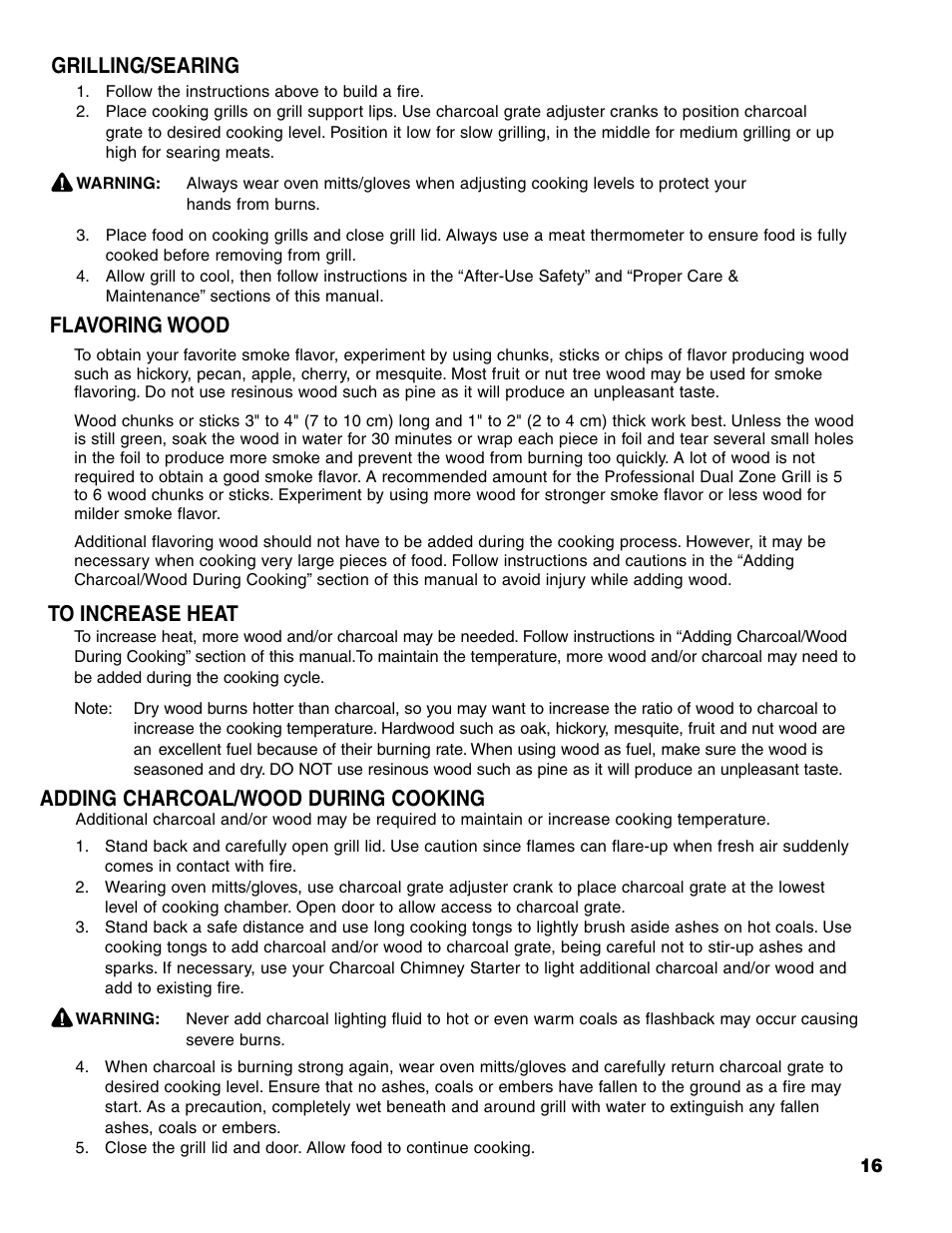 Grilling/searing, Flavoring wood | Brinkmann Charcoal/Gas Grill User Manual | Page 17 / 68