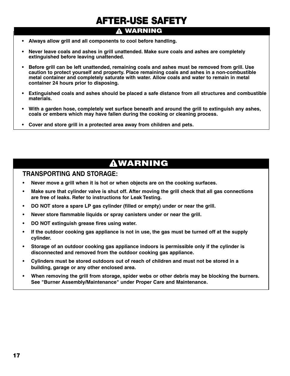 After-use safety, Warning, Transporting and storage | Brinkmann Charcoal/Gas Grill User Manual | Page 18 / 68