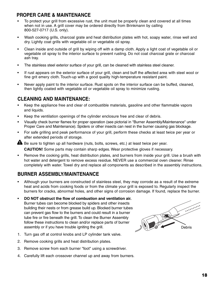 Cleaning and maintenance, Burner assembly/maintenance, Proper care & maintenance | Brinkmann Charcoal/Gas Grill User Manual | Page 19 / 68