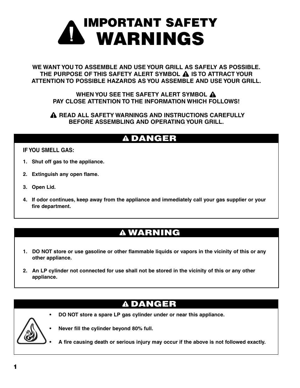 Warnings, Important safety, Danger | Warning danger | Brinkmann Charcoal/Gas Grill User Manual | Page 2 / 68