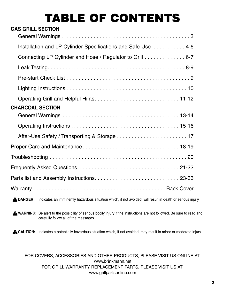 Brinkmann Charcoal/Gas Grill User Manual | Page 3 / 68