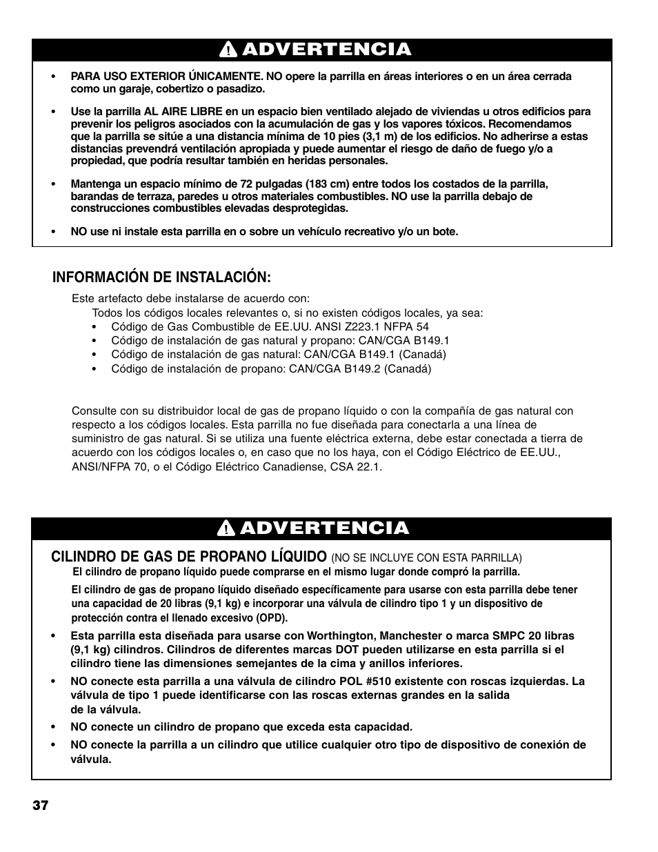 Advertencia, Información de instalación, Cilindro de gas de propano líquido | Brinkmann Charcoal/Gas Grill User Manual | Page 38 / 68