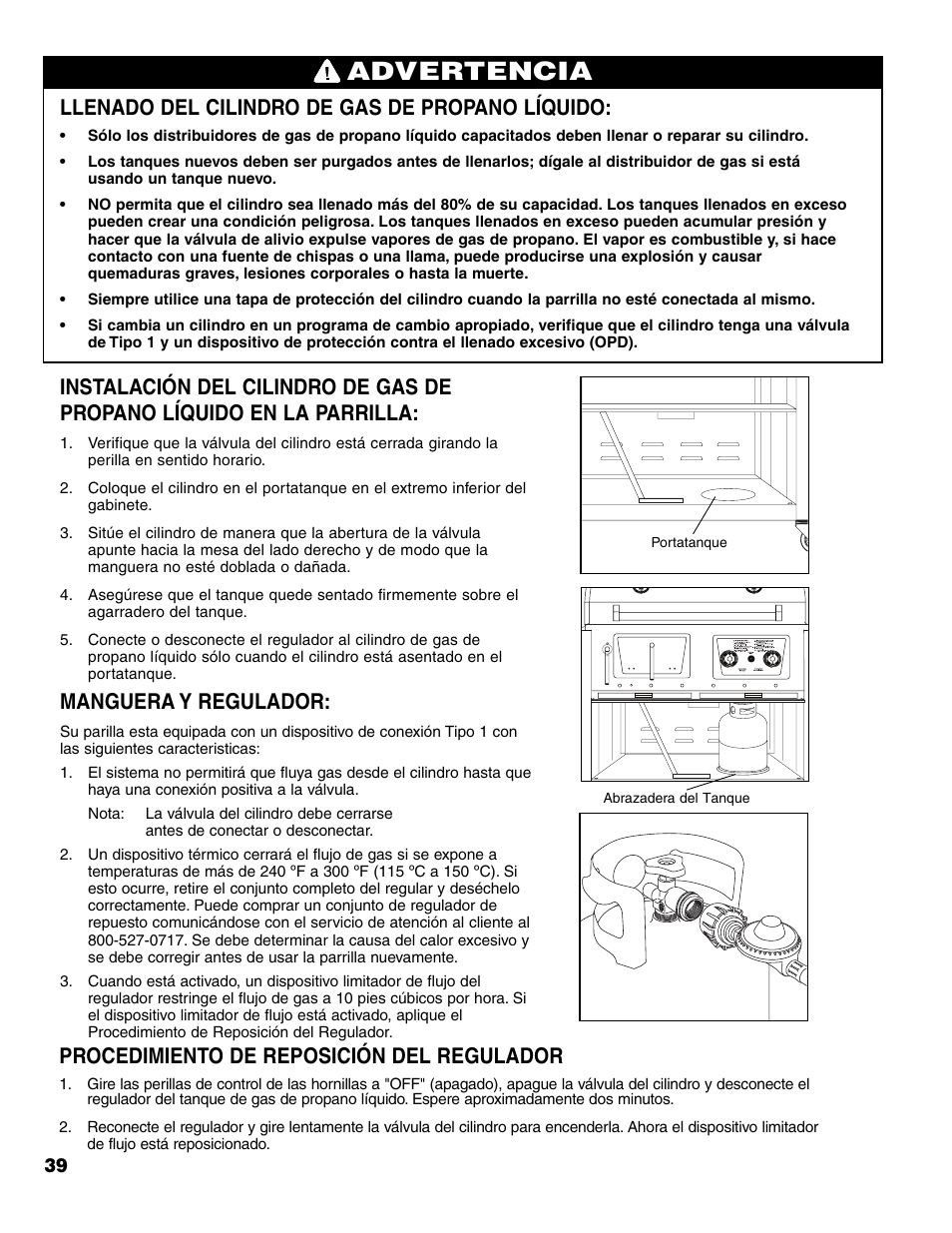 Advertencia, Llenado del cilindro de gas de propano líquido, Manguera y regulador | Procedimiento de reposición del regulador | Brinkmann Charcoal/Gas Grill User Manual | Page 40 / 68