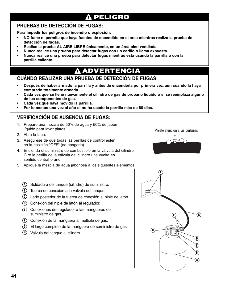 Advertencia peligro, Pruebas de detección de fugas, Cuándo realizar una prueba de detección de fugas | Verificación de ausencia de fugas | Brinkmann Charcoal/Gas Grill User Manual | Page 42 / 68