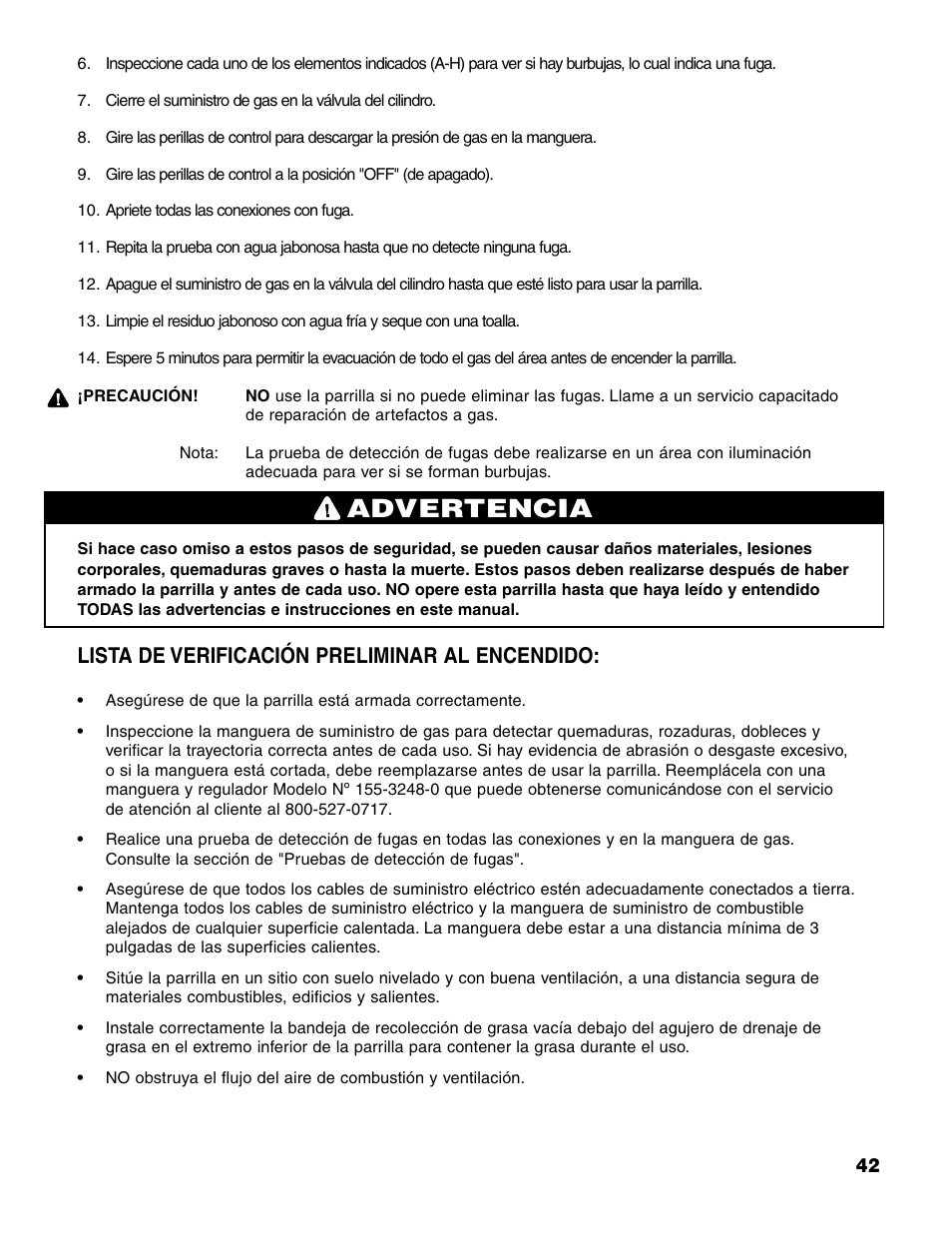 Advertencia, Lista de verificación preliminar al encendido | Brinkmann Charcoal/Gas Grill User Manual | Page 43 / 68