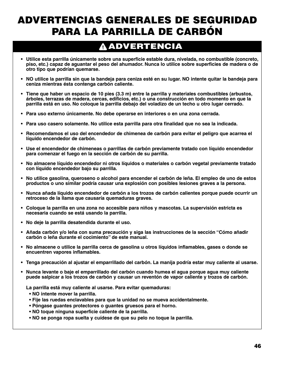 Advertencia | Brinkmann Charcoal/Gas Grill User Manual | Page 47 / 68