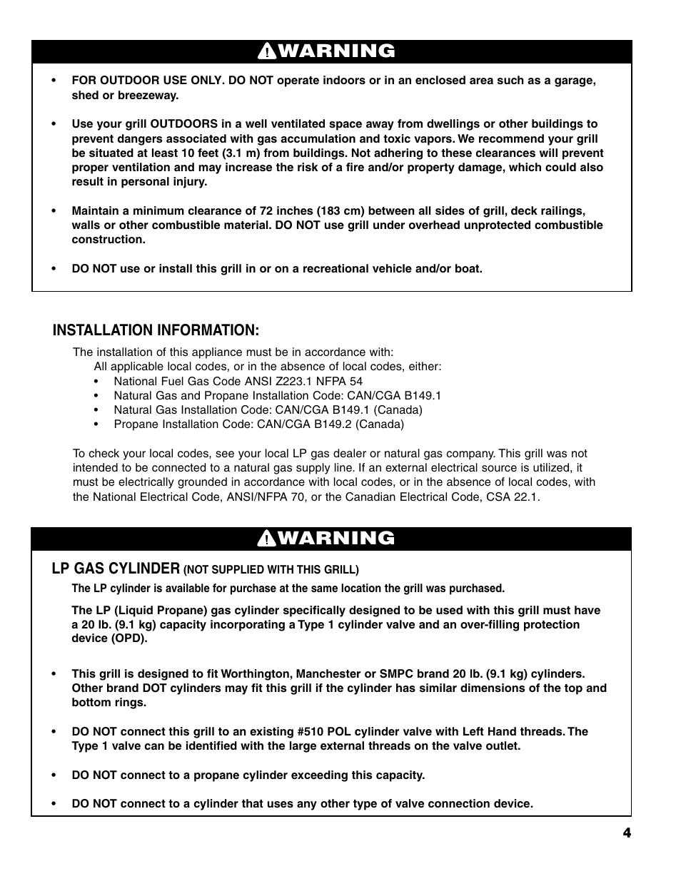 Warning, Lp gas cylinder, Installation information | Brinkmann Charcoal/Gas Grill User Manual | Page 5 / 68