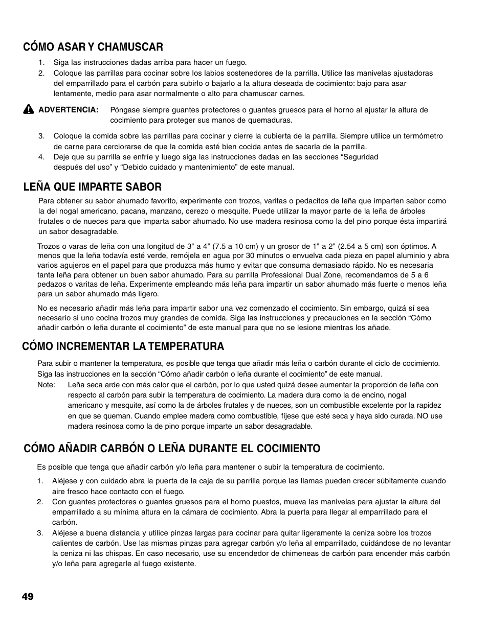 Leña que imparte sabor, Cómo asar y chamuscar | Brinkmann Charcoal/Gas Grill User Manual | Page 50 / 68