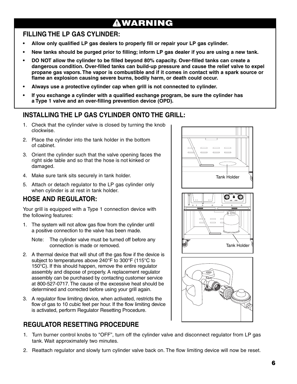 Warning, Filling the lp gas cylinder, Installing the lp gas cylinder onto the grill | Hose and regulator, Regulator resetting procedure | Brinkmann Charcoal/Gas Grill User Manual | Page 7 / 68