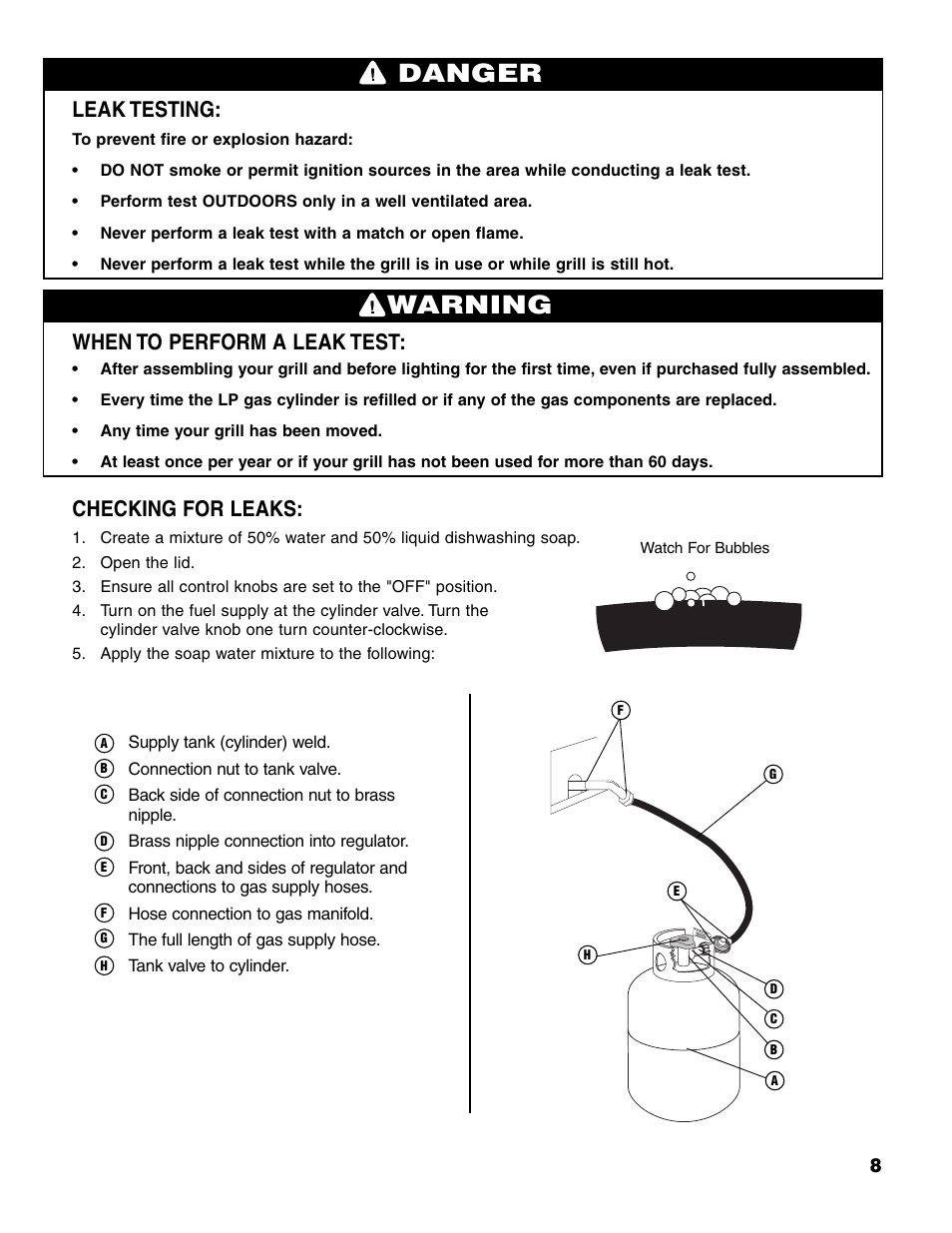 Warning, Danger, Leak testing | When to perform a leak test, Checking for leaks | Brinkmann Charcoal/Gas Grill User Manual | Page 9 / 68