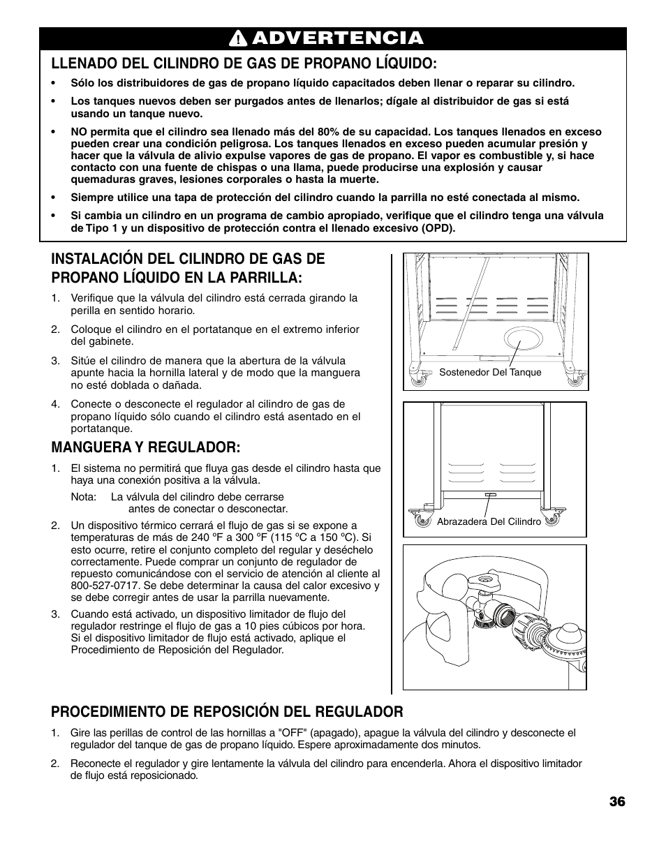 Advertencia, Llenado del cilindro de gas de propano líquido, Manguera y regulador | Procedimiento de reposición del regulador | Brinkmann ProSeries 4415 User Manual | Page 37 / 62