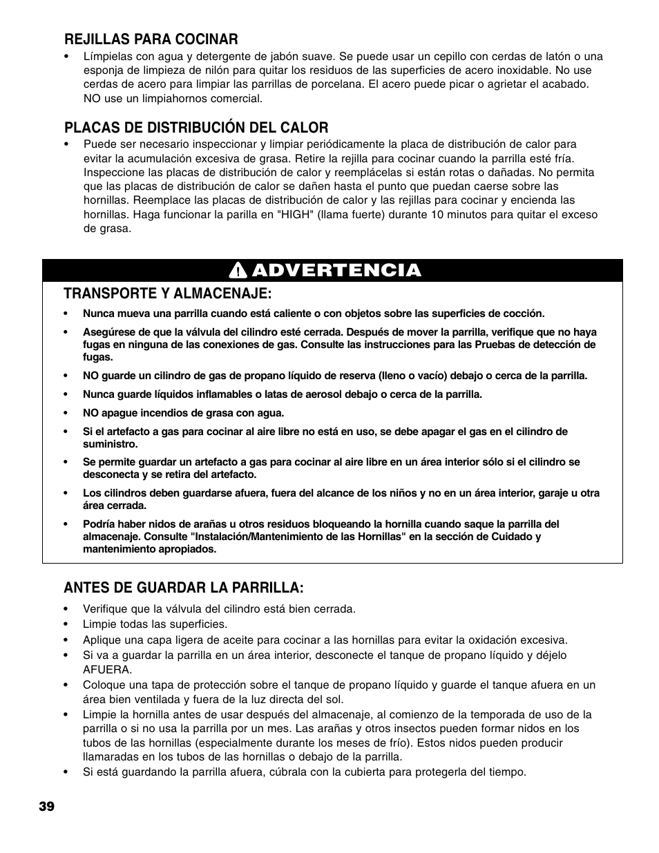 Advertencia, Transporte y almacenaje, Antes de guardar la parrilla | Rejillas para cocinar, Placas de distribución del calor | Brinkmann Portable Tailgate Gas Grill User Manual | Page 40 / 52