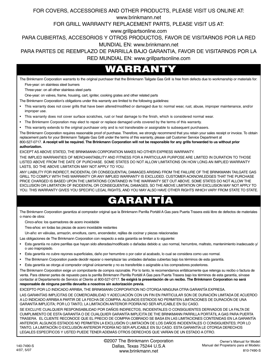 Warranty garantía | Brinkmann Portable Tailgate Gas Grill User Manual | Page 52 / 52