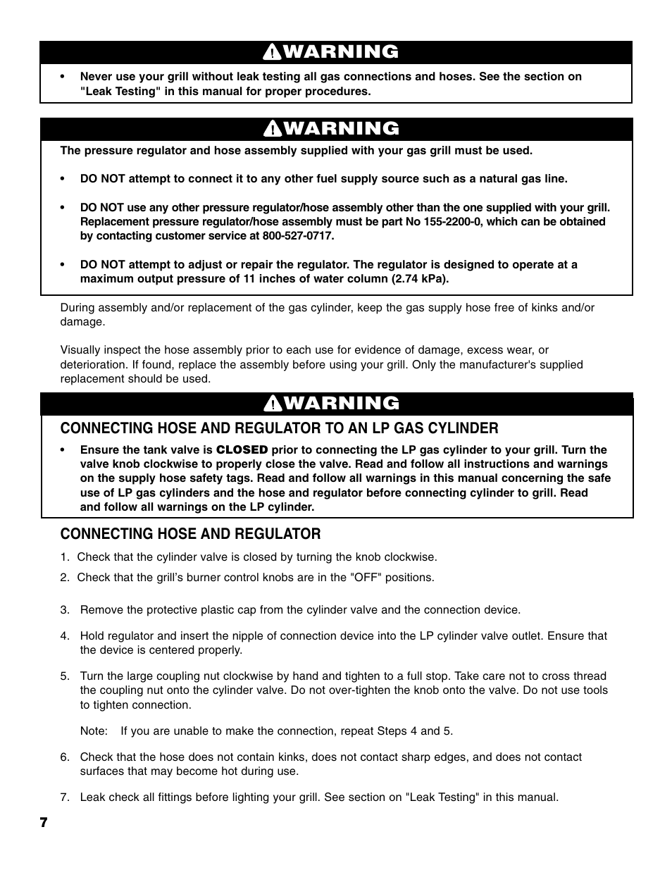 Warning, Connecting hose and regulator | Brinkmann Portable Tailgate Gas Grill User Manual | Page 8 / 52