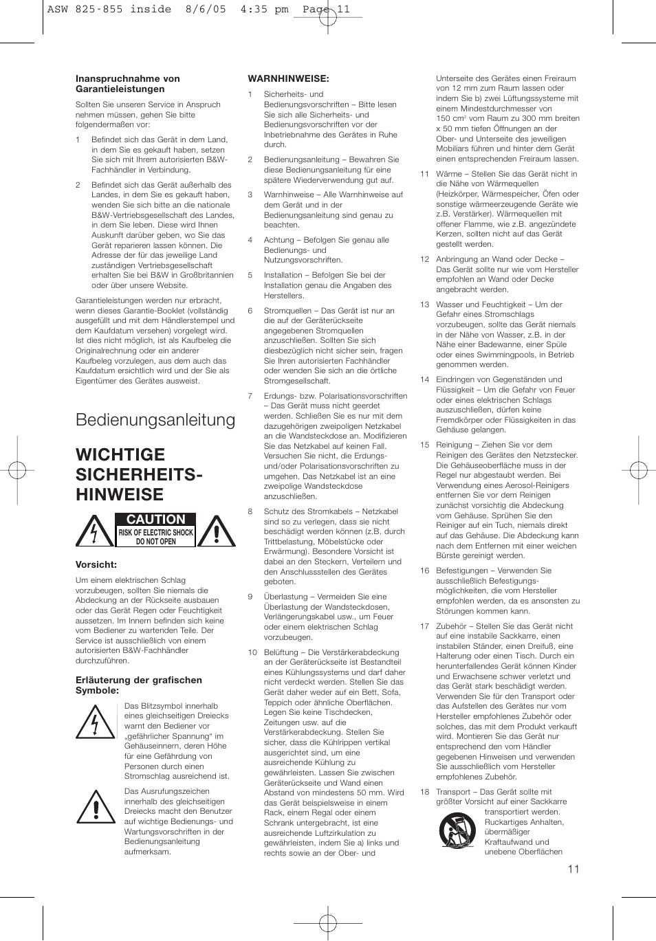 Bedienungsanleitung wichtige sicherheits- hinweise, Caution | Bowers & Wilkins ASW825 User Manual | Page 14 / 64