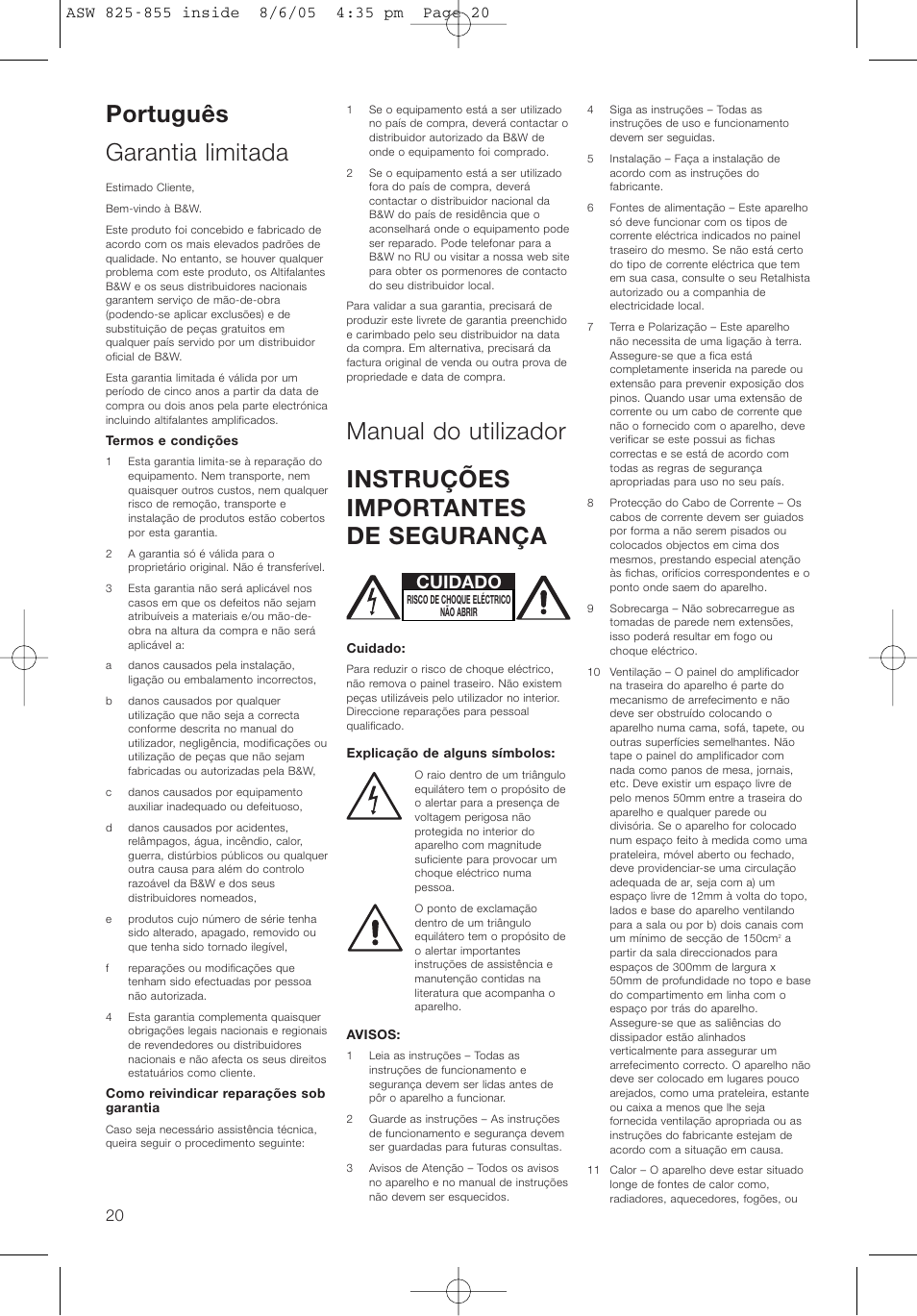 Português garantia limitada, Cuidado | Bowers & Wilkins ASW825 User Manual | Page 23 / 64