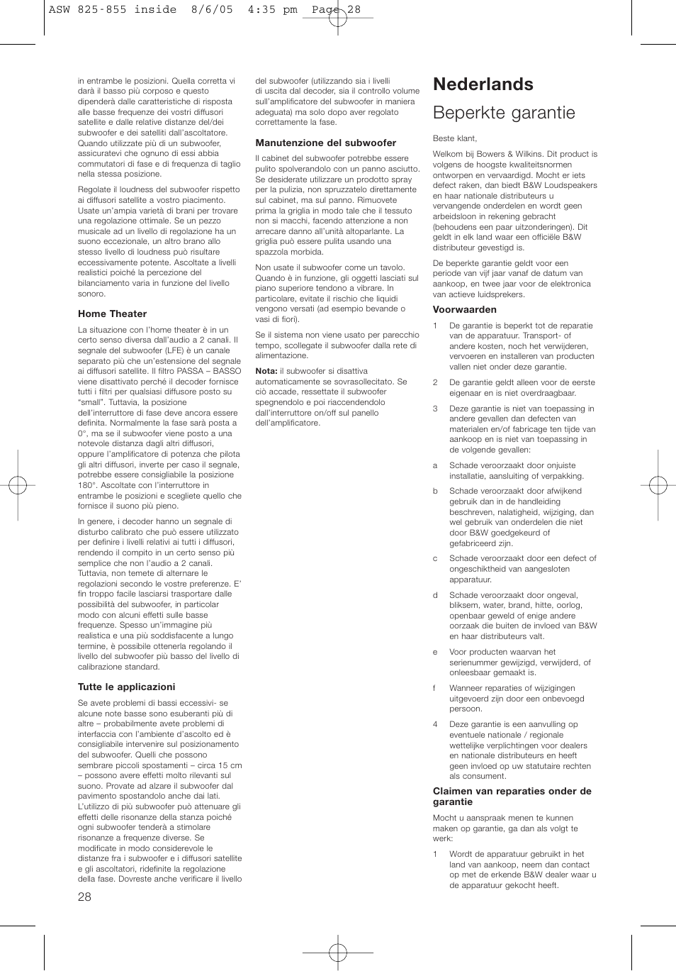 Nederlands beperkte garantie | Bowers & Wilkins ASW825 User Manual | Page 31 / 64