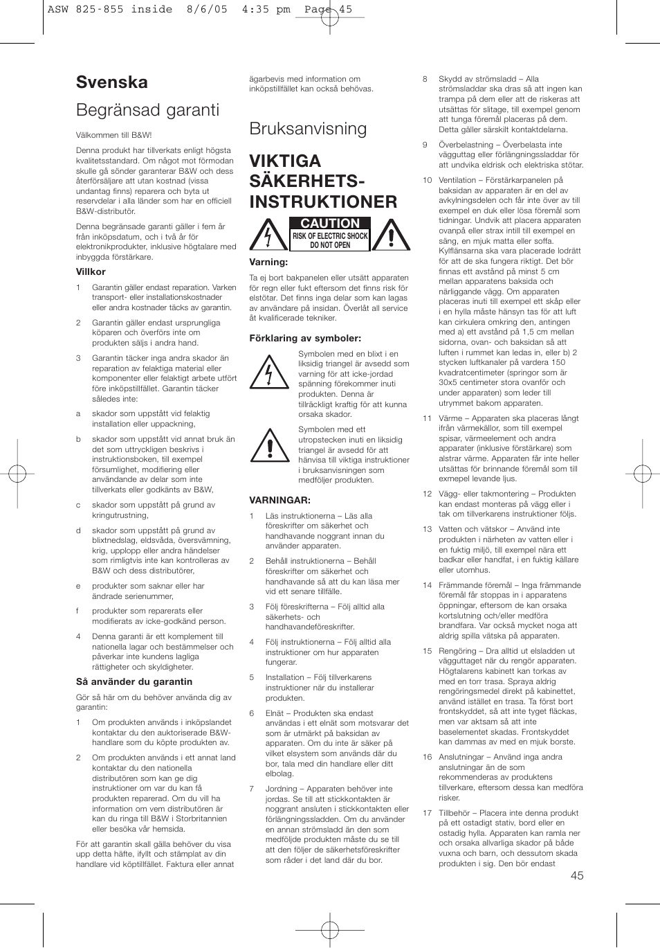 Svenska begränsad garanti, Bruksanvisning viktiga säkerhets- instruktioner, Caution | Bowers & Wilkins ASW825 User Manual | Page 48 / 64