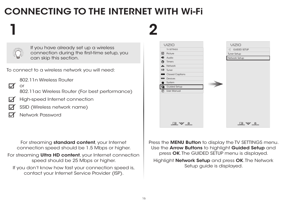 Connecting to the internet with wi-fi | Vizio P552ui-B2 - Quickstart Guide User Manual | Page 16 / 32