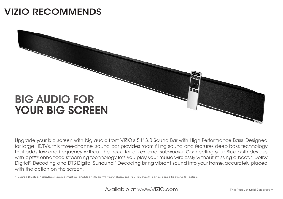 Big audio for your big screen, Vizio recommends | Vizio P552ui-B2 - Quickstart Guide User Manual | Page 25 / 32