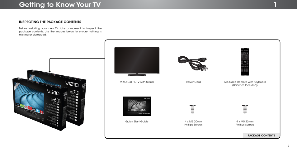 Getting to know your tv, Inspecting the package contents | Vizio P602ui-B3 - User Manual User Manual | Page 7 / 69
