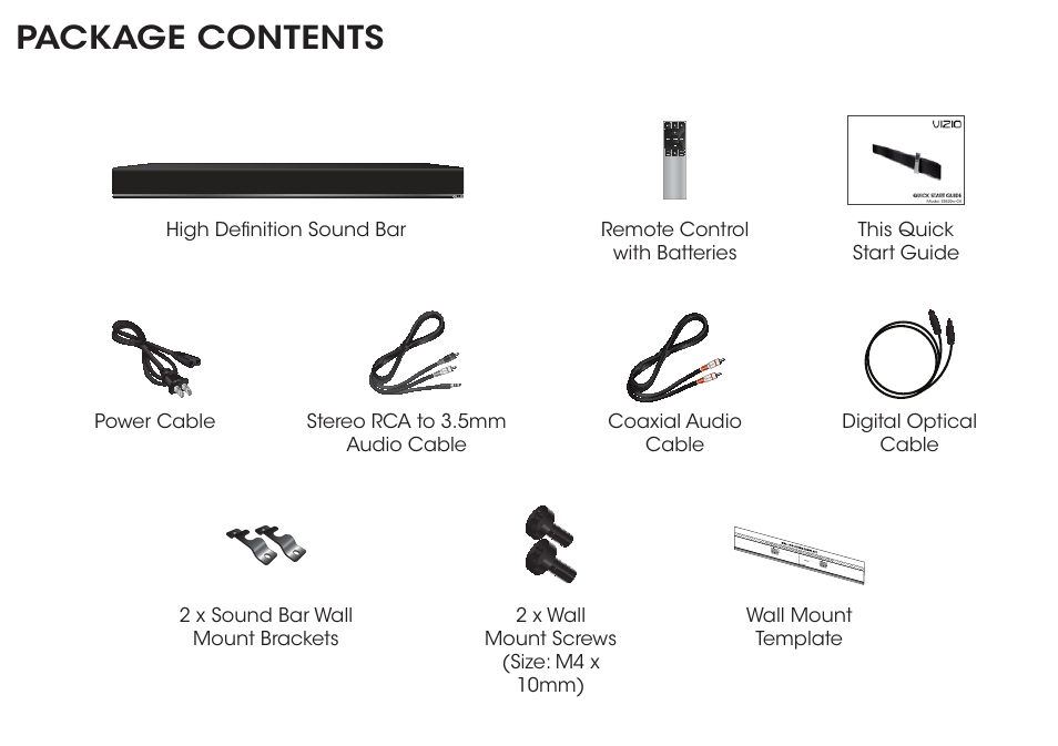 Package contents | Vizio S3820w-C0 - Quickstart Guide User Manual | Page 3 / 24
