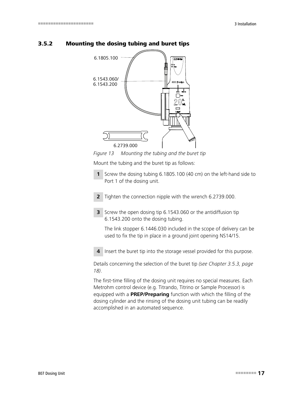 2 mounting the dosing tubing and buret tips, Mounting the dosing tubing and buret tips, Figure 13 | Mounting the tubing and the buret tip | Metrohm 807 Dosing Unit User Manual | Page 25 / 63