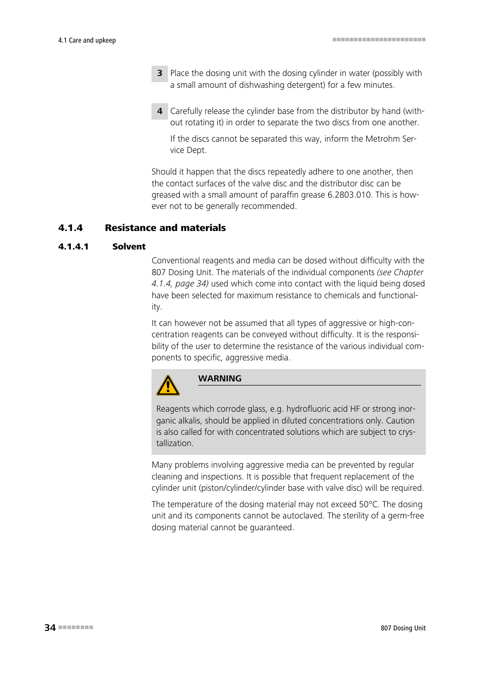 4 resistance and materials, 1 solvent, Resistance and materials | Metrohm 807 Dosing Unit User Manual | Page 42 / 63