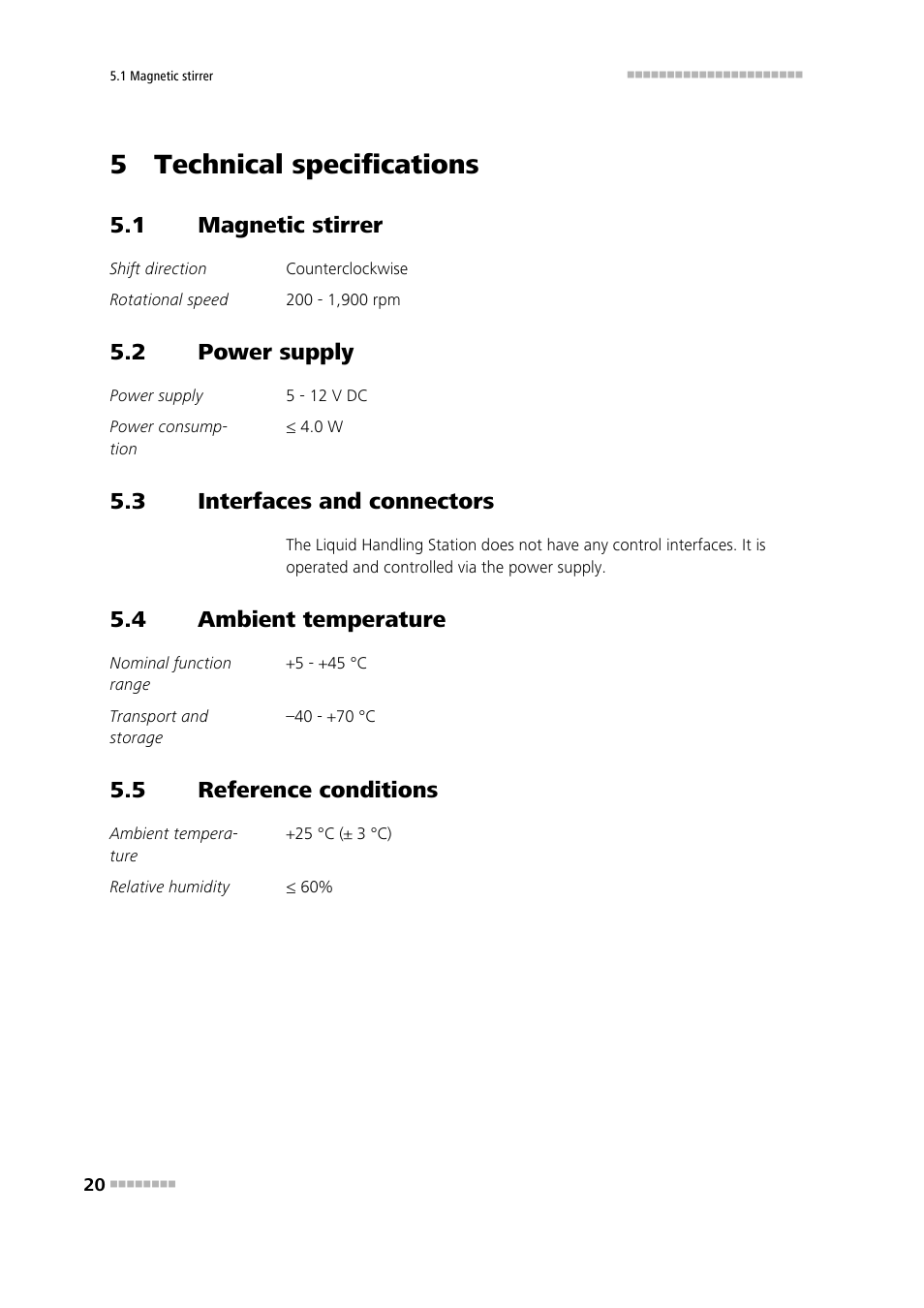 5 technical specifications, 1 magnetic stirrer, 2 power supply | 3 interfaces and connectors, 4 ambient temperature, 5 reference conditions, Magnetic stirrer, Power supply, Interfaces and connectors, Ambient temperature | Metrohm Liquid Handling Station User Manual | Page 28 / 35