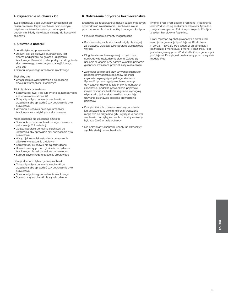 Czyszczenie słuchawek c5, Usuwanie usterek, Ostrzeżenia dotyczące bezpieczeństwa | Bowers & Wilkins C5 User Manual | Page 49 / 65