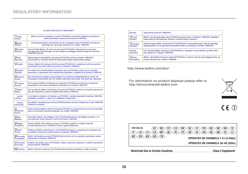 Regulatory information | Belkin PLAY N600 User Manual | Page 38 / 39