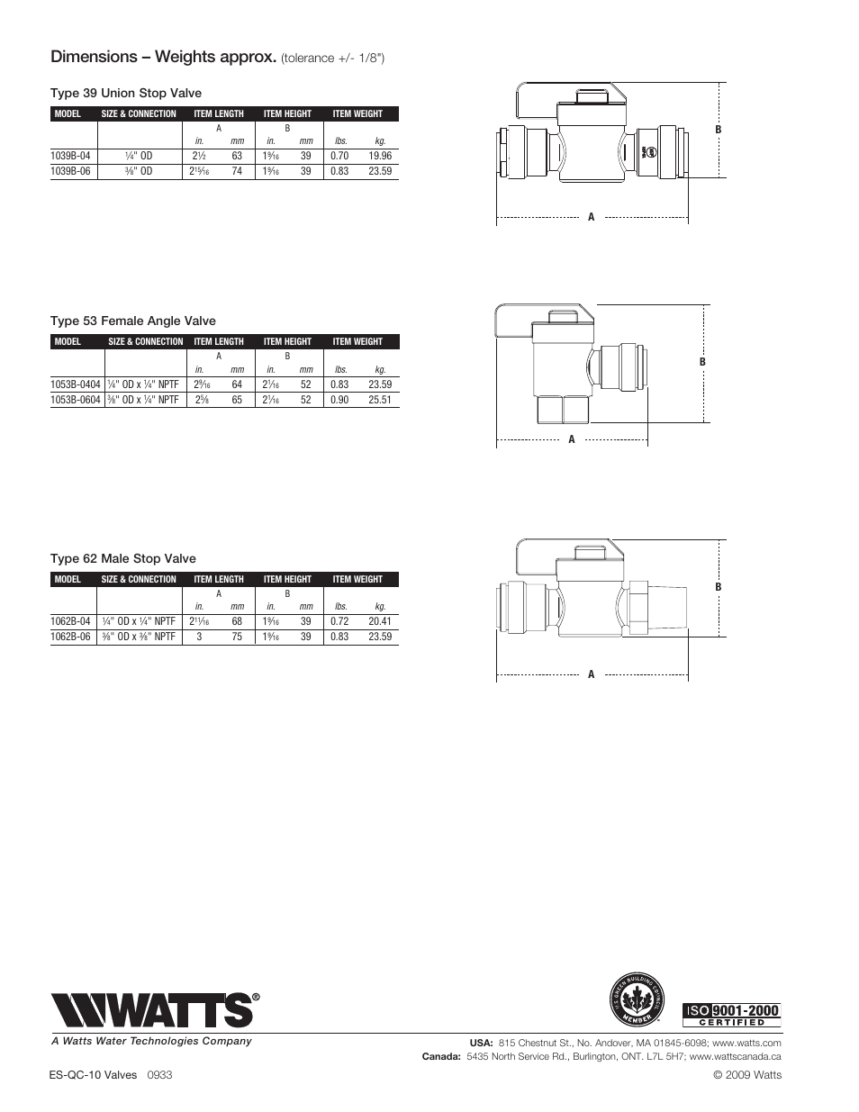 Dimensions – weights approx, Type 62 male stop valve, Type 53 female angle valve | Type 39 union stop valve, Tolerance +/- 1/8") | Watts 1062B User Manual | Page 2 / 2