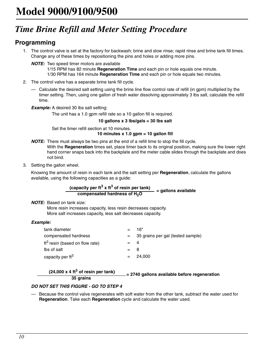 Time brine refill and meter setting procedure, Programming | Watts Fleck 9500 Twin Brass Valve User Manual | Page 10 / 56