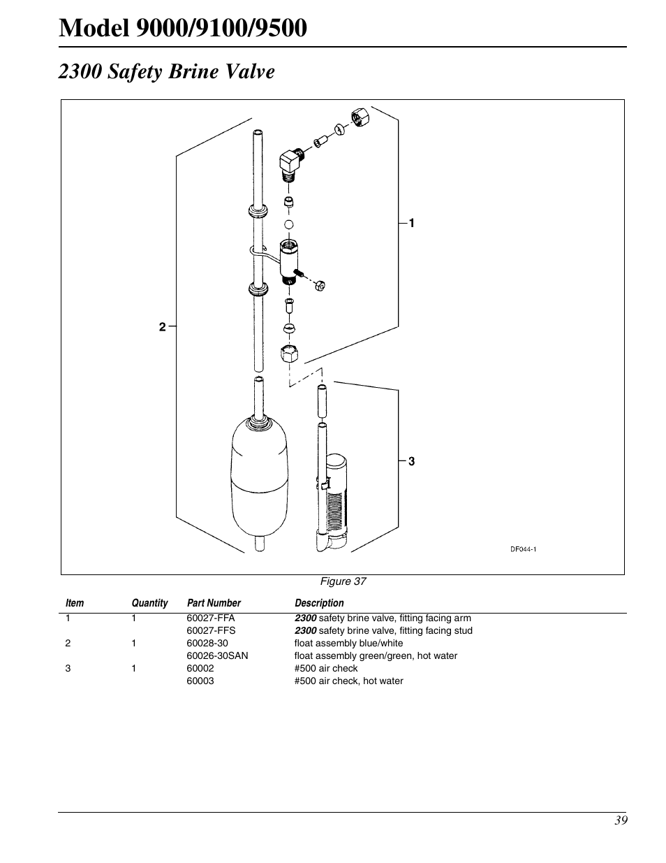 2300 safety brine valve | Watts Fleck 9500 Twin Brass Valve User Manual | Page 39 / 56