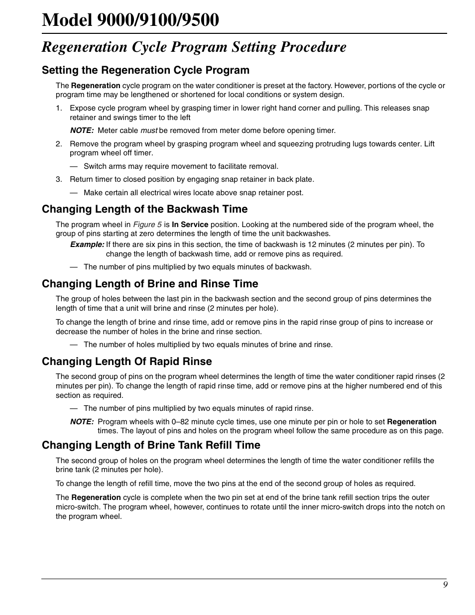 Regeneration cycle program setting procedure, Setting the regeneration cycle program, Changing length of the backwash time | Changing length of brine and rinse time, Changing length of rapid rinse, Changing length of brine tank refill time | Watts Fleck 9500 Twin Brass Valve User Manual | Page 9 / 56